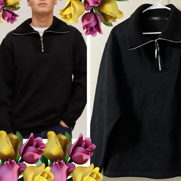 Theory Camner Quarter-Zip Funnel Neck Black Cotton Blend Pullover Sweatshirt XL - Picture 5 of 11